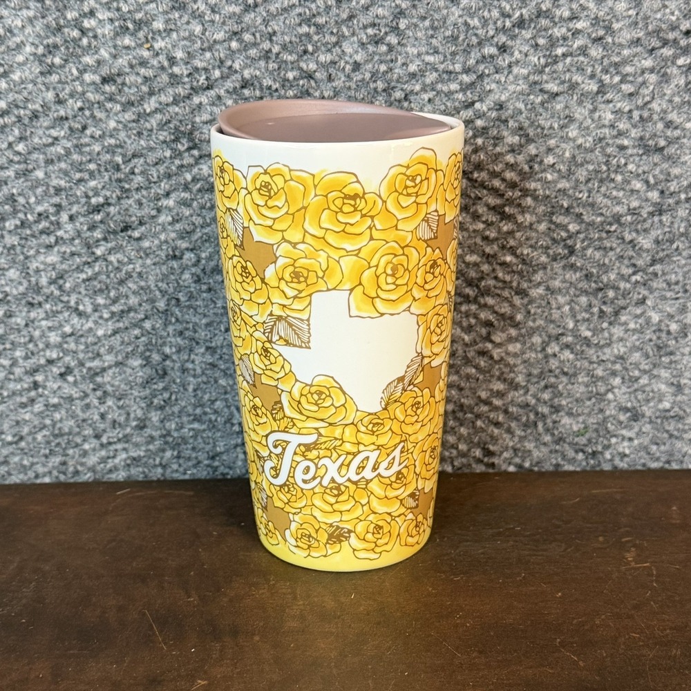Starbucks Texas Yellow Rose Travel Tumbler 12oz Ceramic Coffee Mug & Lid 2021